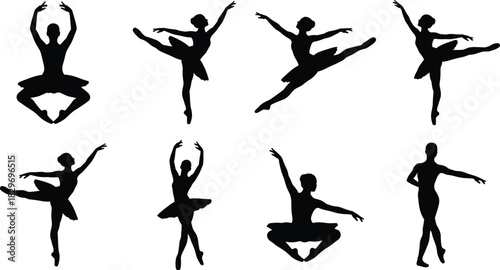 Elegant ballet dancer silhouettes in dynamic classical poses showcasing grace, balance, flexibility, and movement for artistic performance and dance-themed vector designs
