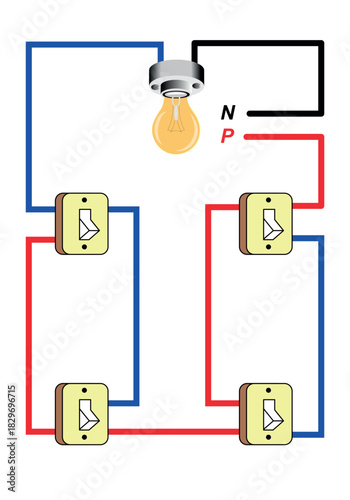Illuminated Lamp Centered Between Red and Blue Wiring Circuits With Dual Switches