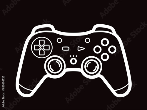 Simple white outline icon of a generic video game controller. Stylized gamepad joystick vector graphic for digital gaming and esports entertainment