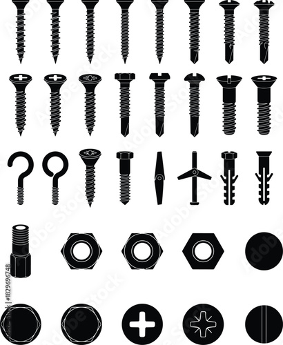 Comprehensive vector set of screws bolts nuts fasteners hooks anchors and tool heads designed for hardware construction repair and engineering illustrations