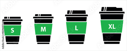 Choose your size for coffee beverages from small to extra large for cafes and restaurants, a perfect visual for menu boards and drink options!