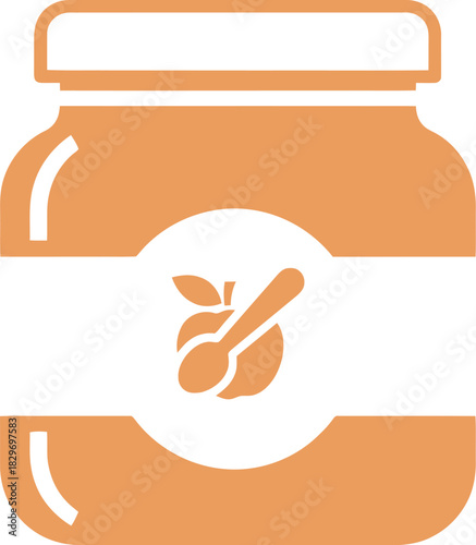 Simple illustration of a jar of baby food with a fruit and spoon label