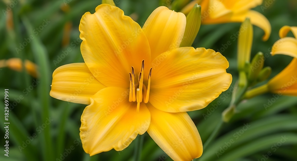 Fototapeta premium Radiant Yellow Daylily Blossom in Full Bloom - A Floral Portrait.