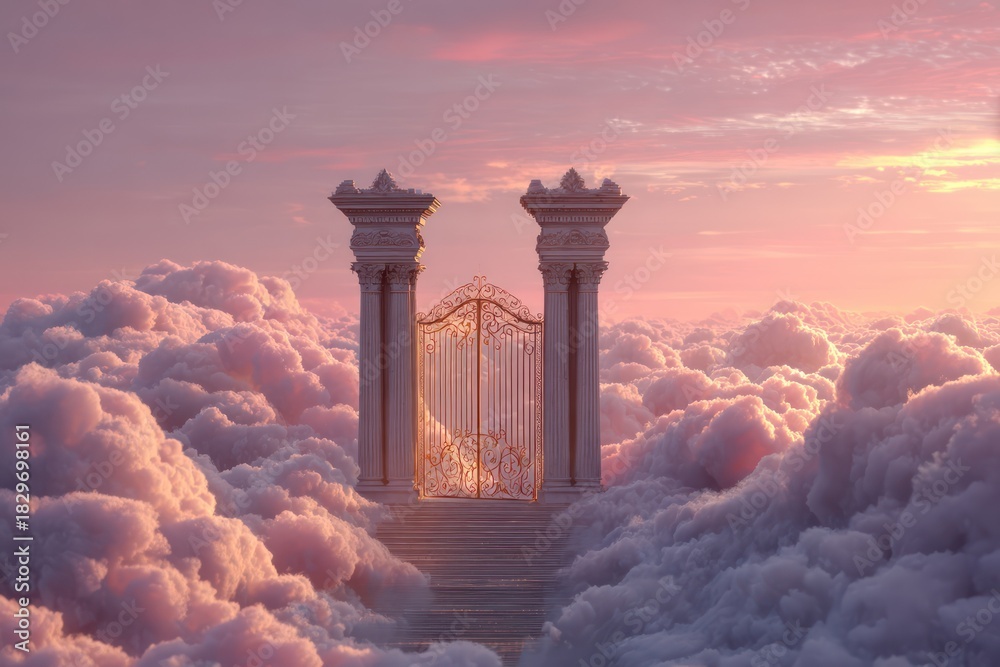 Fototapeta premium Gate for Heaven and Paradise Entrance on Clouds at Sunrise