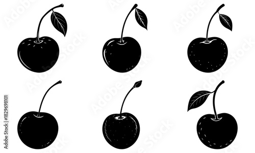 Sweet cherry collection in sleek black silhouette, perfect for minimalist designs, healthy eating campaigns, and modern culinary projects, originally vector
