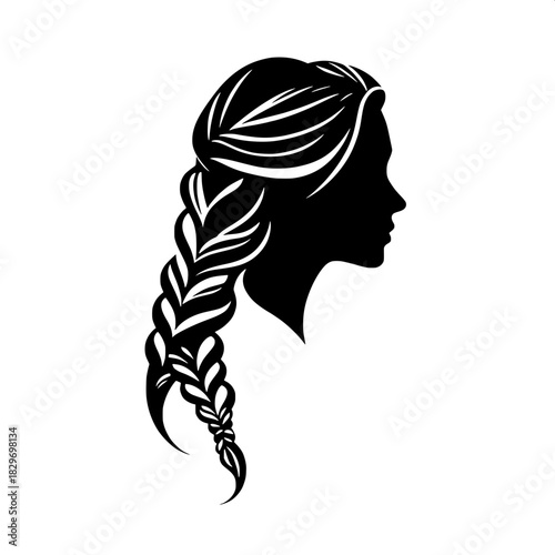 “Minimalist black silhouette of a woman’s profile facing right, with long hair parted left and styled into a thick braid that curves downward, clean lines on a white background, logo-style composition