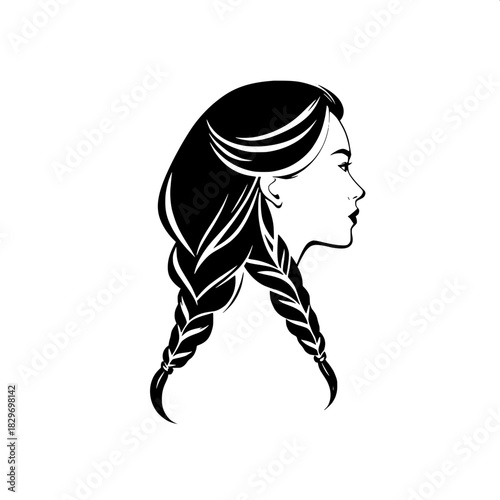 “Minimalist black silhouette of a woman’s profile facing right, with long hair parted left and styled into a thick braid that curves downward, clean lines on a white background, logo-style composition