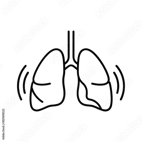 Simple black and white line icon representing healthy lungs with breathing motion lines, isolated on