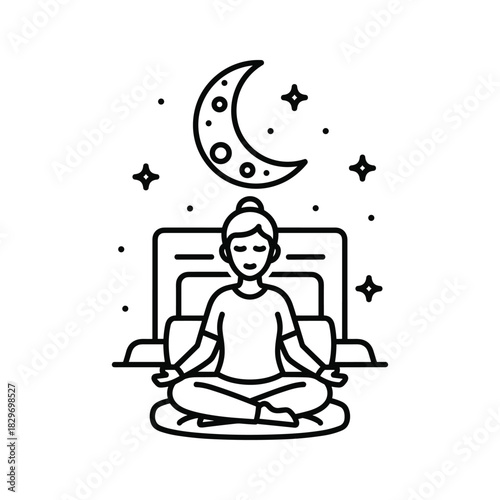 Line art icon of a person meditating in lotus position under a crescent moon and stars, isolated on