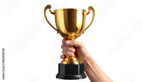 Winning trophy held in hand isolated on white background, victory and achievement illustration, success symbol, championship award, motivational sports celebration PNG.