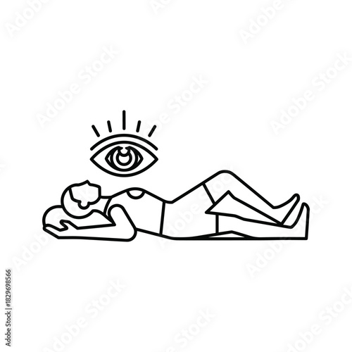 Line art icon of person lying down in savasana pose with an illuminated eye above head, isolated on