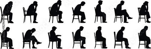 Collection of twelve vector silhouettes showing seated men in various poses of contemplation, anxiety, depression, and pensive emotional thought isolated on white