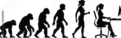 Conceptual Silhouette Vector Illustration of Human Evolution from Ape to Modern Working Woman, Highlighting Technological and Social Development