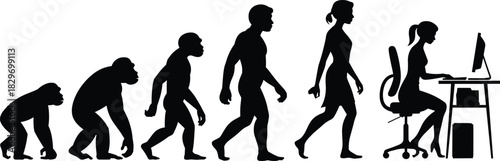 Evolution of Woman from Primate to Modern Office Worker Sitting at Desk with Computer Silhouette Vector Graphic Illustration