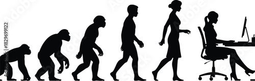 Female Human Evolution from Ape to Modern Businesswoman Working on Computer at Office Desk Silhouette Vector Illustration