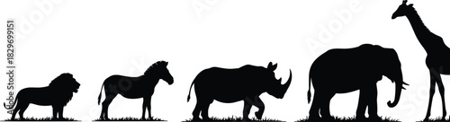 Horizontal silhouette banner of five iconic African safari animals standing in a row: lion, zebra, rhinoceros, elephant, and tall giraffe on a grass line