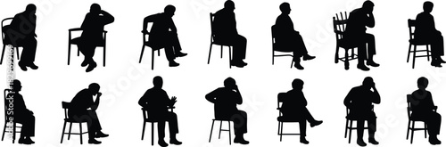 Set of Silhouette Vectors of People Sitting on Chairs in Various Thoughtful and Relaxed Poses Isolated on White for Graphic Design