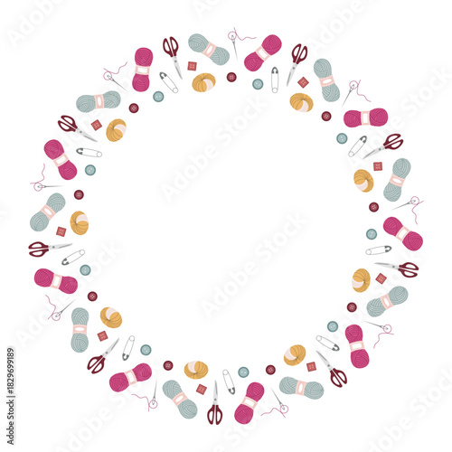 Crafting circle with colorful yarn, scissors, and sewing tools on a white background