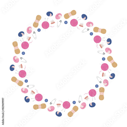 Colorful knitting supplies create a cheerful border around a blank center space