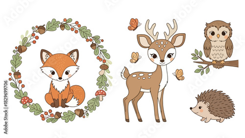 Cute woodland animal vector elements with forest wreath, fox, deer, and owl for children's design