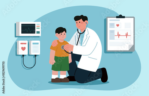 A doctor is examining a young boy with a stethoscope, likely checking his heartbeat. Medical equipment is visible in the background.