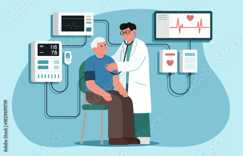 A doctor is using a stethoscope to examine an elderly patient connected to various medical monitoring devices.