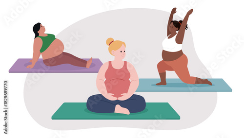 Three pregnant women performing different yoga poses on mats. Yoga for Pregnancy and Bieth.