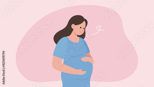 Happy pregnant woman holds her belly stock illustration.