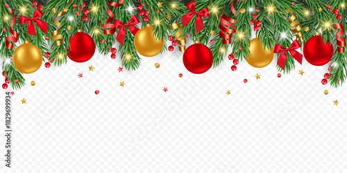 Vector realistic frame with pine tree, golden and red Christmas balls, confetti, ribbons, berries and lights isolated on a transparent background. Holiday Christmas tree border for winter decor.