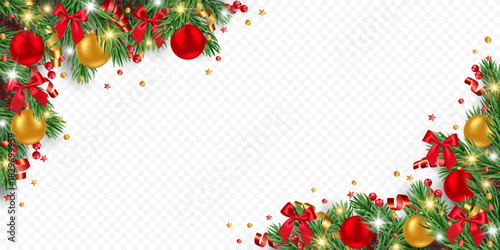 Vector realistic frame with pine tree, golden and red Christmas balls, confetti, ribbons, berries and lights isolated on a transparent background. Holiday Christmas tree border for winter decor.
