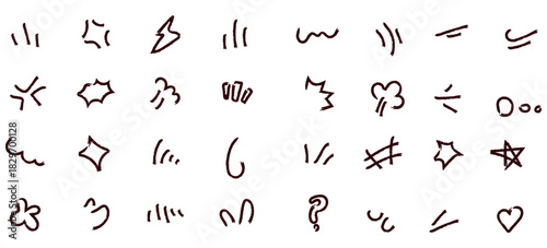 A large vector set of hand-drawn comic and manga-style action doodle elements rendered in a warm brown marker texture. Includes various motion lines, sparks, lightning bolts, and emotional effect