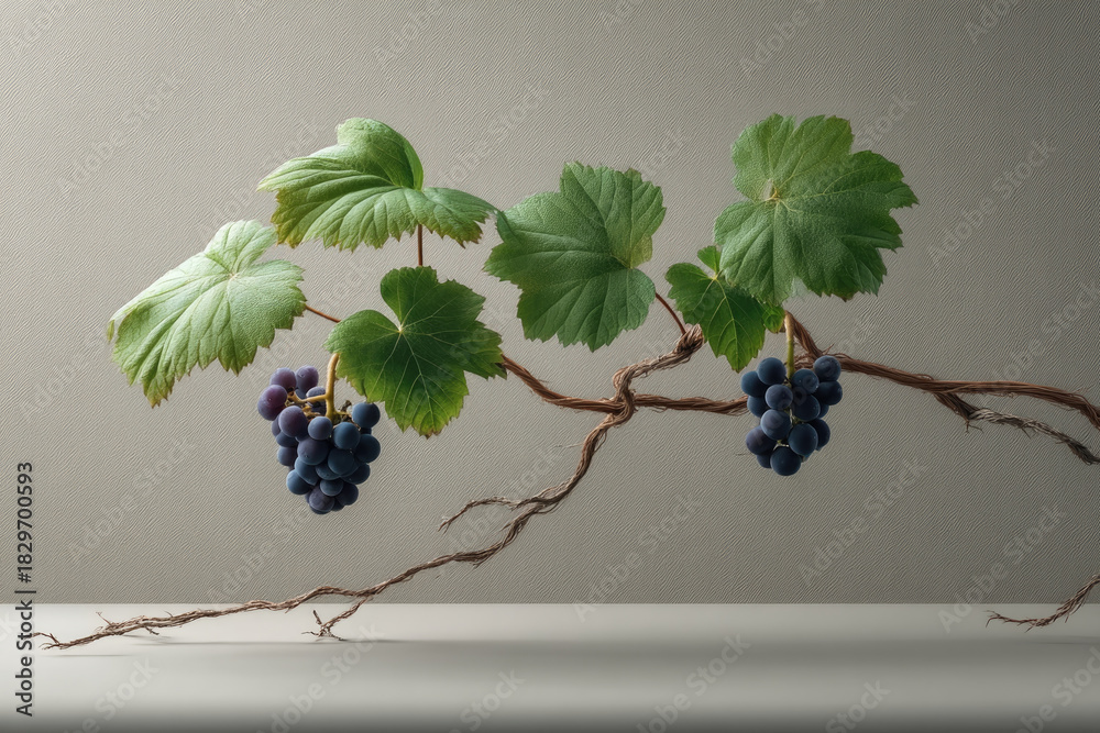 Naklejka premium Grape vine with green leaves and clusters of ripe purple grapes on twisted branches, minimal background, natural beauty