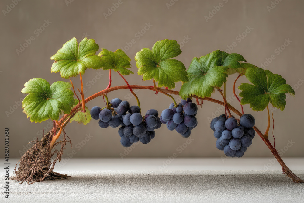 Naklejka premium Grape vine with lush green leaves and clusters of ripe purple grapes, roots exposed, studio lighting, natural background