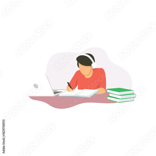 Student with headset writing book facing laptop studying for exam