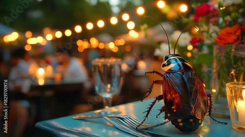 A cockroach on a table amidst flickering candles and flowers captures an ironic moment in a lively setting