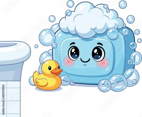Cute Cartoon Soap Bar Character Covered in Bubbles with Rubber Duck and Sink