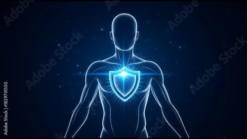 Human body with shield protecting chest, immune system defense concept