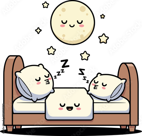 Cute Couple Sleeping in Bed with Pillows, Moon, and Stars for Sweet Dreams Illustration