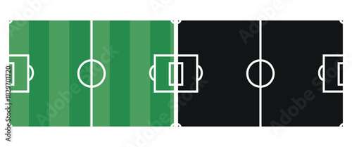 Vector illustration of a kitchen cutlery set with fork and knife arranged on a green soccer pitch like a game strategy
