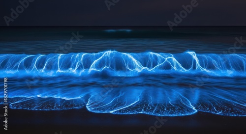 Fototapeta Naklejka Na Ścianę i Meble -  Glowing ocean wave on a dark beach at night with bioluminescence