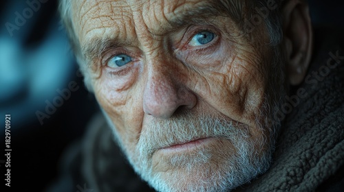 An elderly man gazes thoughtfully, his expressive blue eyes and weathered skin revealing stories of a rich life