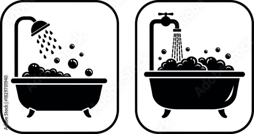 Bathtub and shower icon set black silhouette
