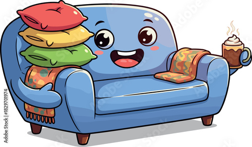 Cute Cozy Armchair Character Hugging Pillows and Hot Chocolate Kawaii Comfort Vector Illustration