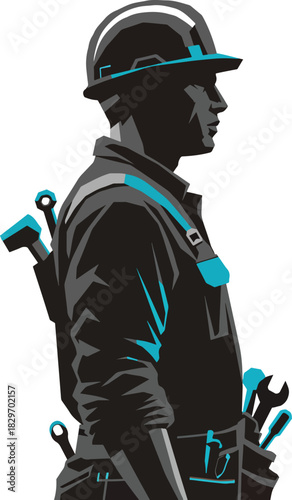 Construction worker in hard hat with tools on his belt, ready for work