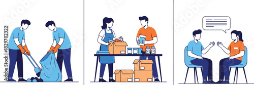 Set of Flat Vector Scenes Illustrating Community Volunteering: Garbage Collection, Organizing Donations of Canned Food and Groceries, and Individuals Engaged in Supportive Dialogue or Counseling.