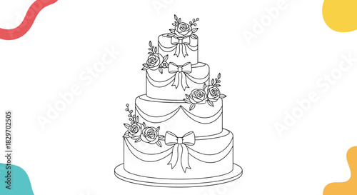 Detailed line art illustration of a multi-tiered wedding cake adorned with elegant roses and decorative bows, ready for coloring.