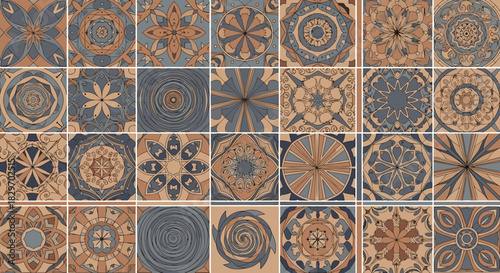 A grid of decorative ceramic tiles featuring various intricate mandala and geometric patterns in blue, brown, and beige hues.