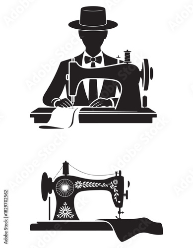 Vintage Sewing Machine Silhouette and Tailor Illustration for Craft and Fashion Design.