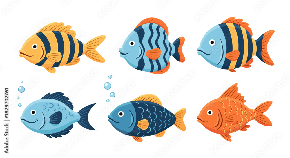 Fototapeta premium A vibrant collection of six different cute cartoon fish in various colors and patterns, ideal for aquatic themes, children's books, or educational materials.
