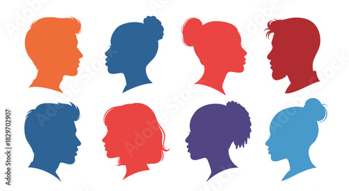 A collection of colorful human head silhouettes, showcasing diverse profiles and identities of men and women from different backgrounds.
